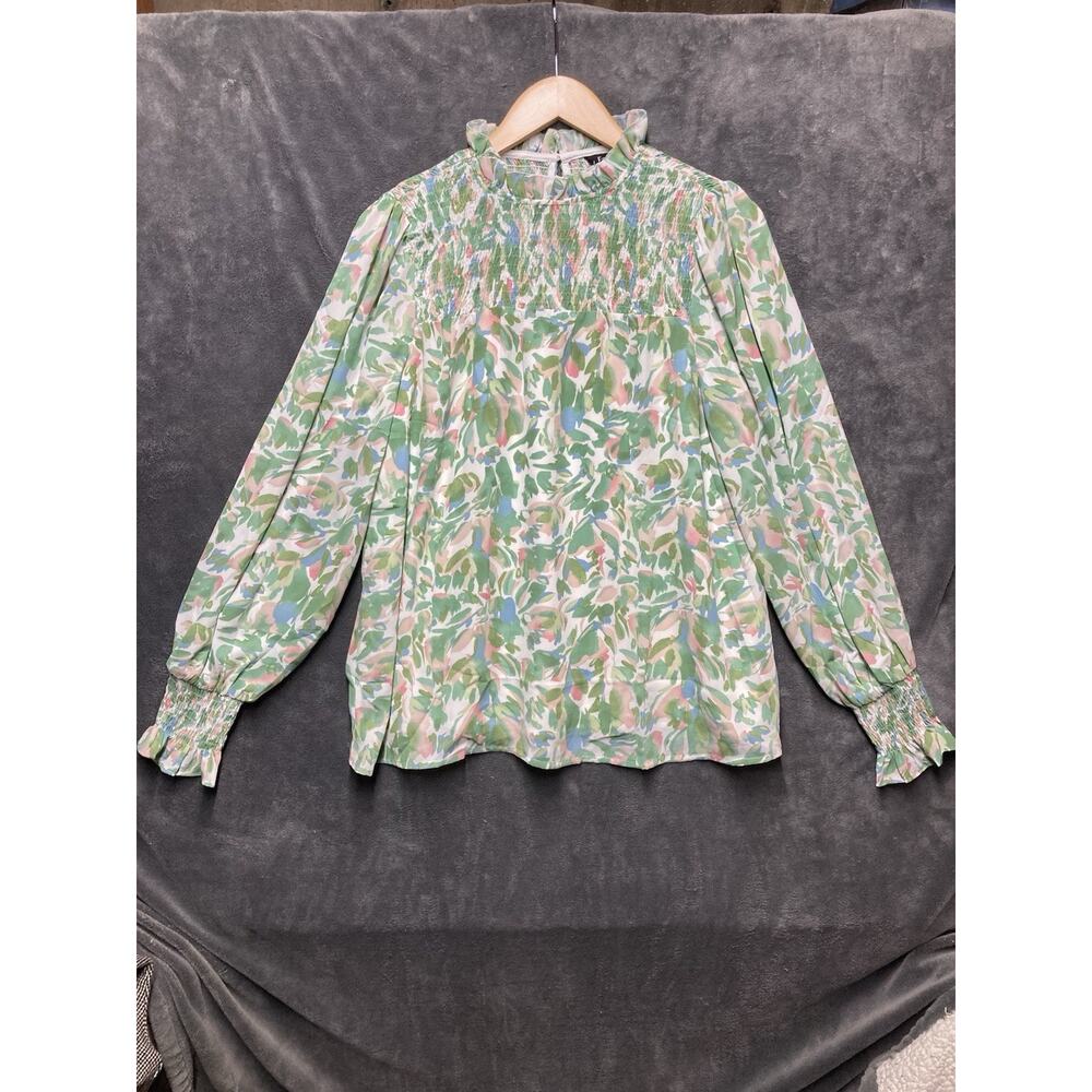 NEW Cottagecore Smocked Flounce Slv Shirred Mock Neck Blouse Pastel Leaf Print S
